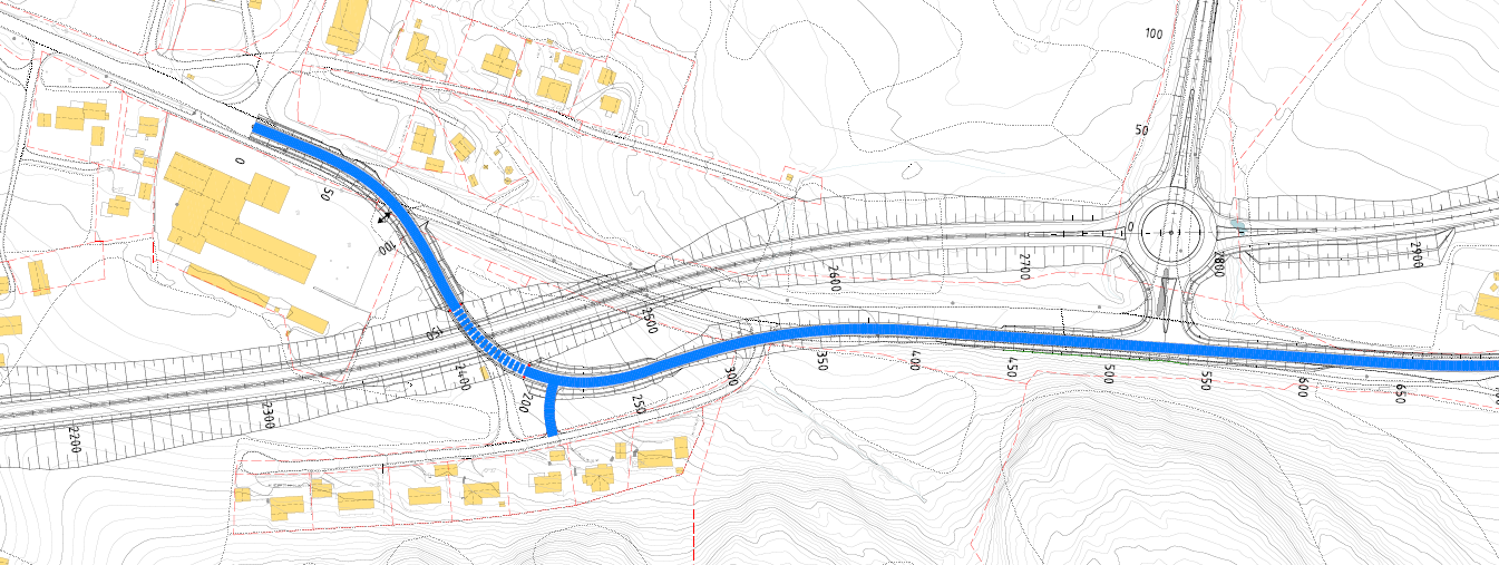 7 Alternativ løsning for lokalvegsystemet er å etablere en kjørebru med en avkjøringsrampe mellom Holbergs Auto og boligbebyggelse. Figur 7-3: Alternativ D2 med avkjøringsrampe til kjørebru over E6.