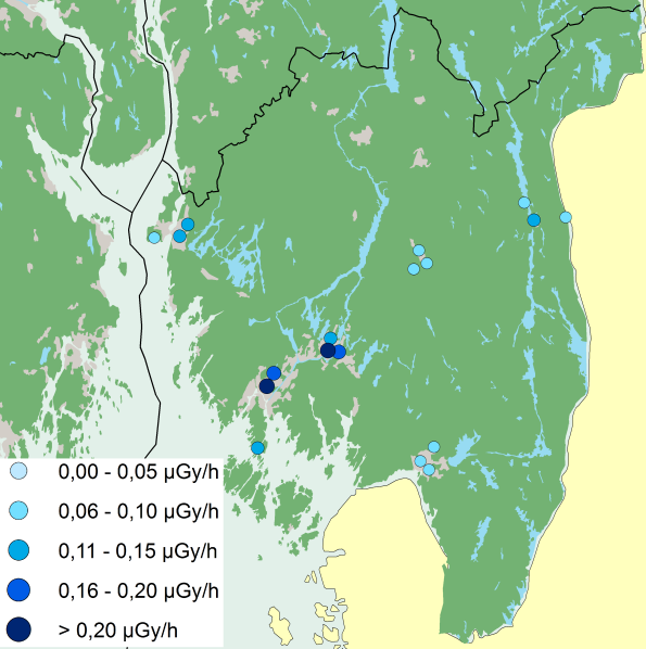 18 Vestfold Sivilforsvarsdistrikt Figur 60: Oversikt over gjennomførte målingar i Øst-Finnmark I 2013 blei det rapportert 45 målingar frå 0,04 til 0,08 µgy/h, og gjennomsnittet i perioden er 0,06