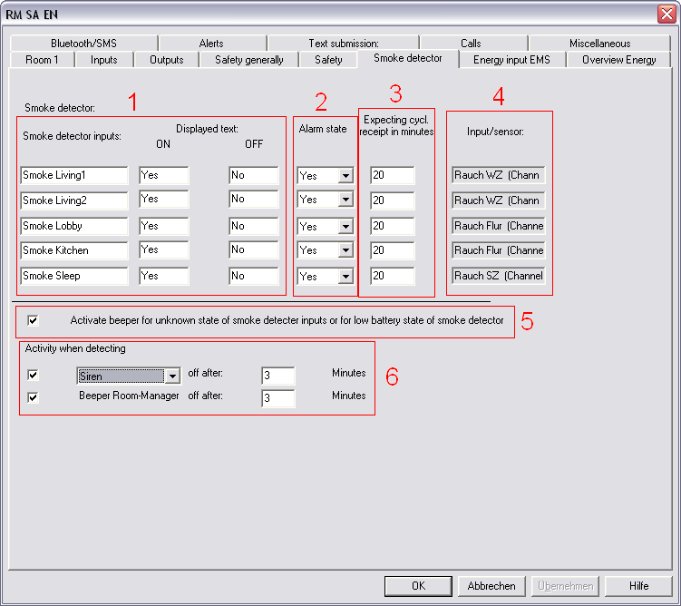 108 Eaton RF-System - Help Felt 5: Under Sone kan du tildele Sikkerhetsinngangene til de forskjellige sikkerhetssonene (sone 1, sone 2, sone1+2) Felt 6: Her kan du vise navnene på RF sensorer som har