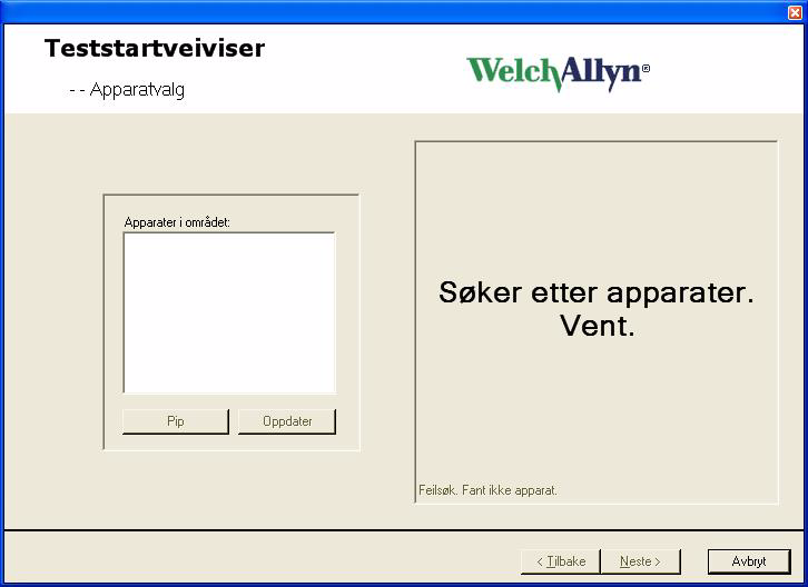 Bruksanvisning 9 7. Skriv inn eller velg relevant informasjon. 8. Klikk på Neste. Vinduet Apparatvalg vises. 9. Vent ca.