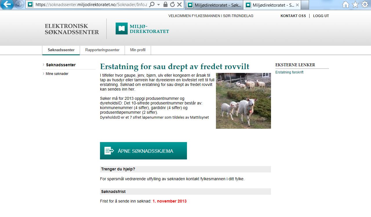 Når en trykker på «Erstatning for sau drept av fredet rovvilt» vil ett nytt skjermbilde komme opp: MERK: Søker må i