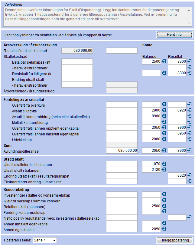 Disponering Siden henter informasjon om disponering fra Skatt. Kontoene foreslås ut fra kontoer benyttet i linjeinndelingen.