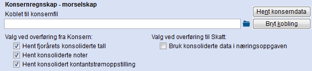 Overføring fra Konsern til Årsavslutning Det er to måter å overføre data mellom programmene på. Den ene er ved å bruke lynet på verktøylinjen i Konsern. Da vil programmet evt.