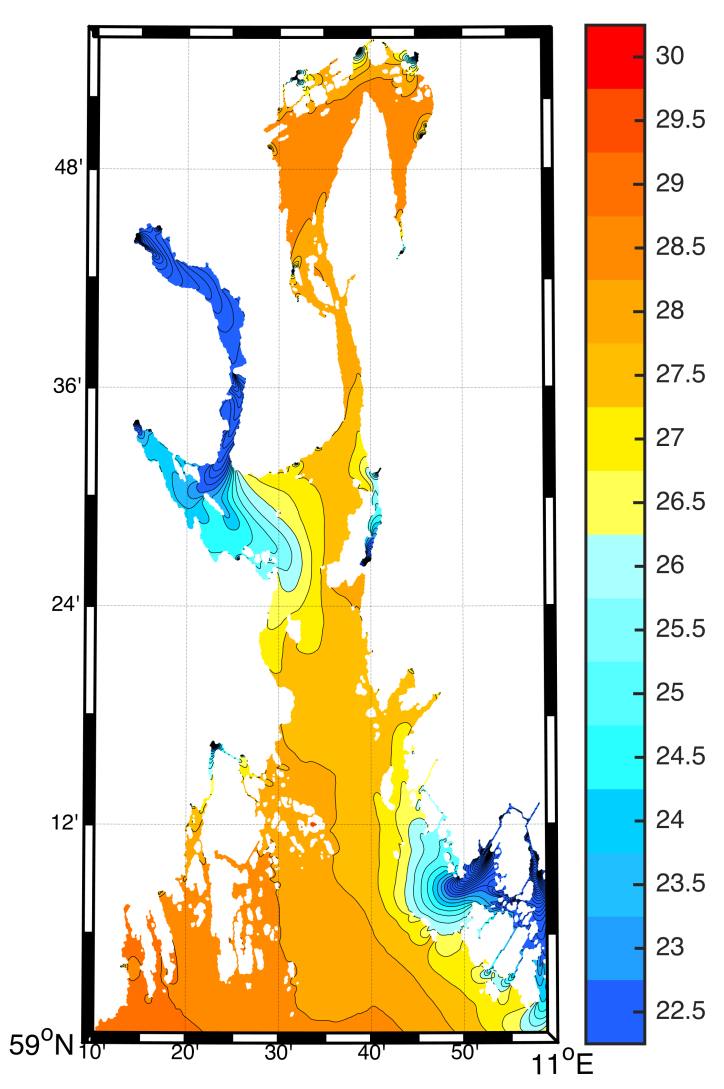 overflatesaltholdigheten i nasjonalparken. Det vil derfor være naturlig å karakterisere vannmassene her som Skagerrak kystvann (saltholdighet 25-32), se Figur 11 
