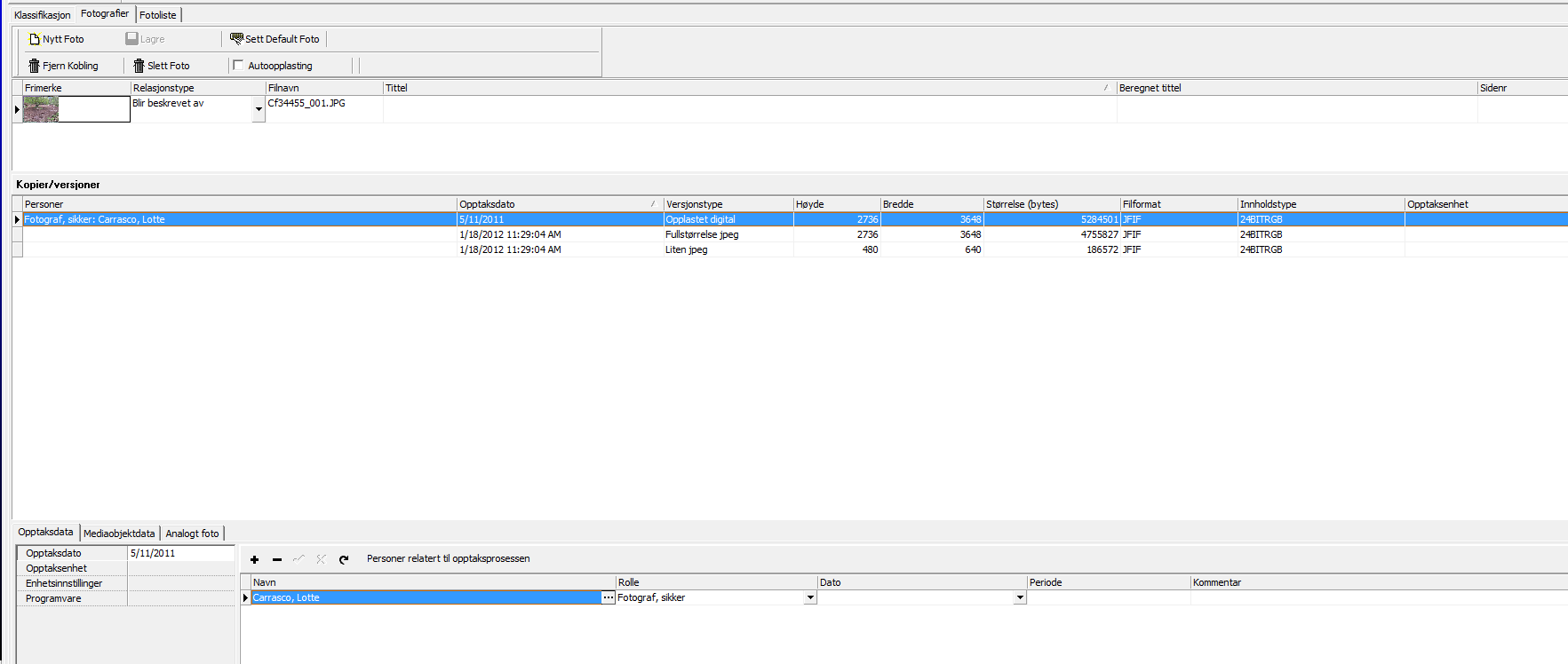 6.2 Fanen Fotografier Informasjon om fotograf og dato kan skrives inn i skjemaet for innlegging av bilder, men kan også legges inn for hvert bilde.