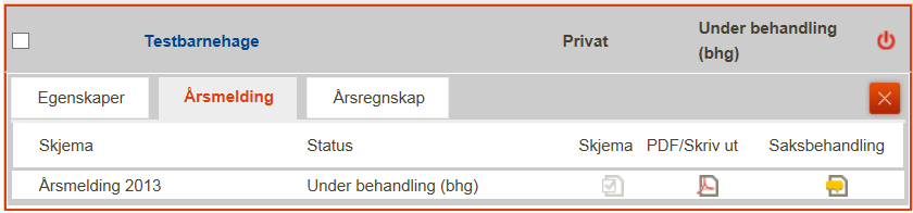 Kontroll og eventuell redigering i skjemaet Ved klikk på arkfanen Årsmelding vises følgende informasjon: Når statusnivået til skjemaet er Fullført (bhg) kan kommunebrukeren åpne skjemaet ved å klikke