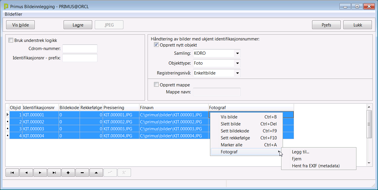 Primus Brukerveiledning for masseimport av bilder 6 leses inn, blir disse listet opp i skjermbildet.