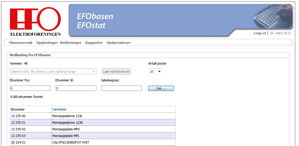 12 ELEKTROFORENINGEN 5 NEDLASTING FRA EFOBASEN SOM EXCELARK Når du har behov for å se hvilke Elnummer du har innestående i EFObasen, kan dette gjøres via nedlasting fra EFObasen.