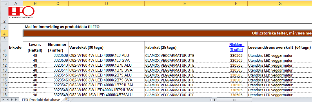 5.1 Excelfilen ELEKTROFORENINGEN 13 Når du nå skal få dette i en Excelfil, klikker du på valget «Last ned Excelark». Du får nå opp en Excelfil med alle opplysninger om produktet lagt inn i EFObasen.