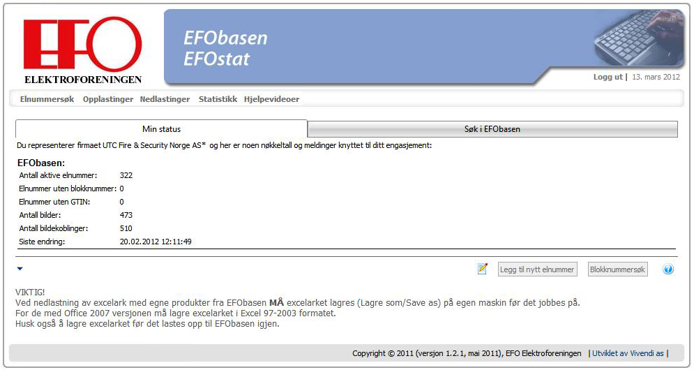 inneholder «Min status» og «Søk i EFObasen» i tillegg til menyvalget «Elnummersøk», «Opplastinger», «Nedlastinger», «Statistikk» og