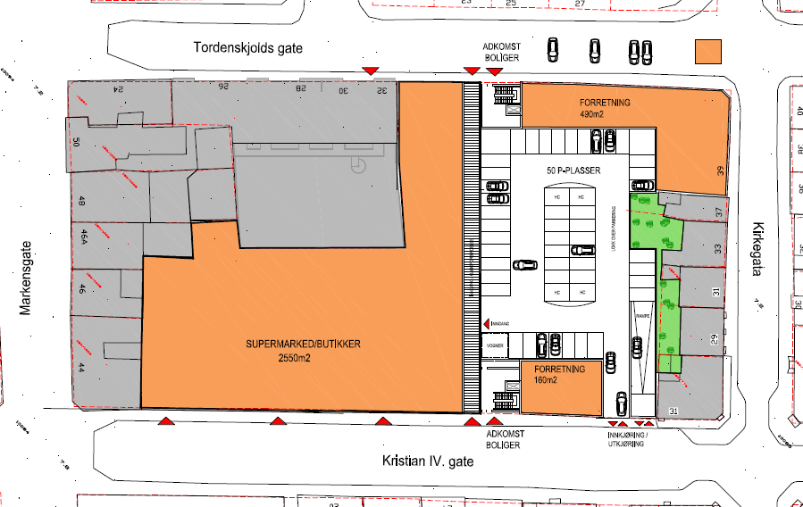 Eksisterende bygninger som består: Tordenskjolds gate 24 og 26-32 Markens gate 44, 46, 46A, 48 og 50 Kirkegata 29, 31, 33 og 37 Kristian IVs gate 31 Samlet utbygging for resten av kvartalet: 13.