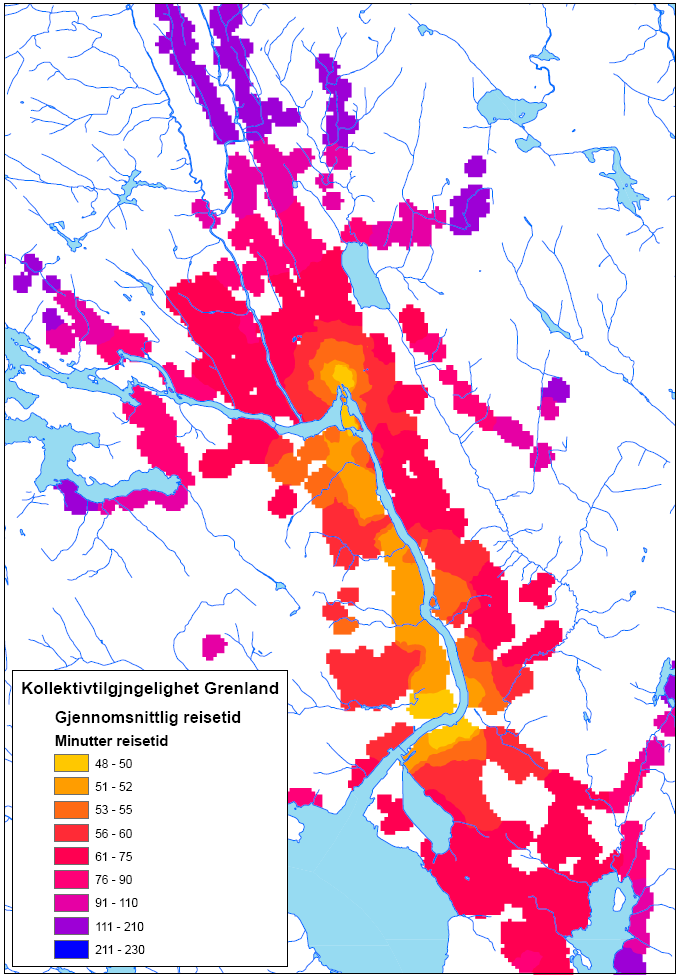 Figur 4, Viser kollektivtilgjengelighet som forskjeller i reisetid for regionens befolkning. Lyse farger indikerer relativt korte reisetider.