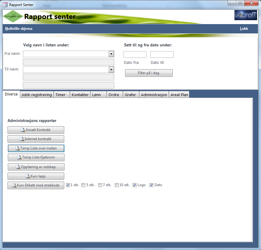 Rapport senter Rapport senteret er her hvor man lager utskrifter til papir. Dette er delt opp i 7 deler: 1. Mulighet for og filtrerer rapporter på navn, dato og fra et navn til et annet navn 2.