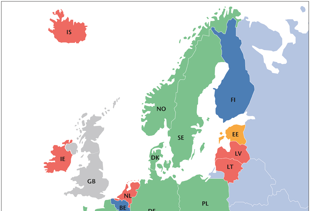 Landene er delt inn i fire kategorier ut fra retningen på budsjettutviklingen for høyere utdanning siden 2008, jf. figur 10.2: Høyere utdanningssystemer med budsjettkutt på over 10 pst.