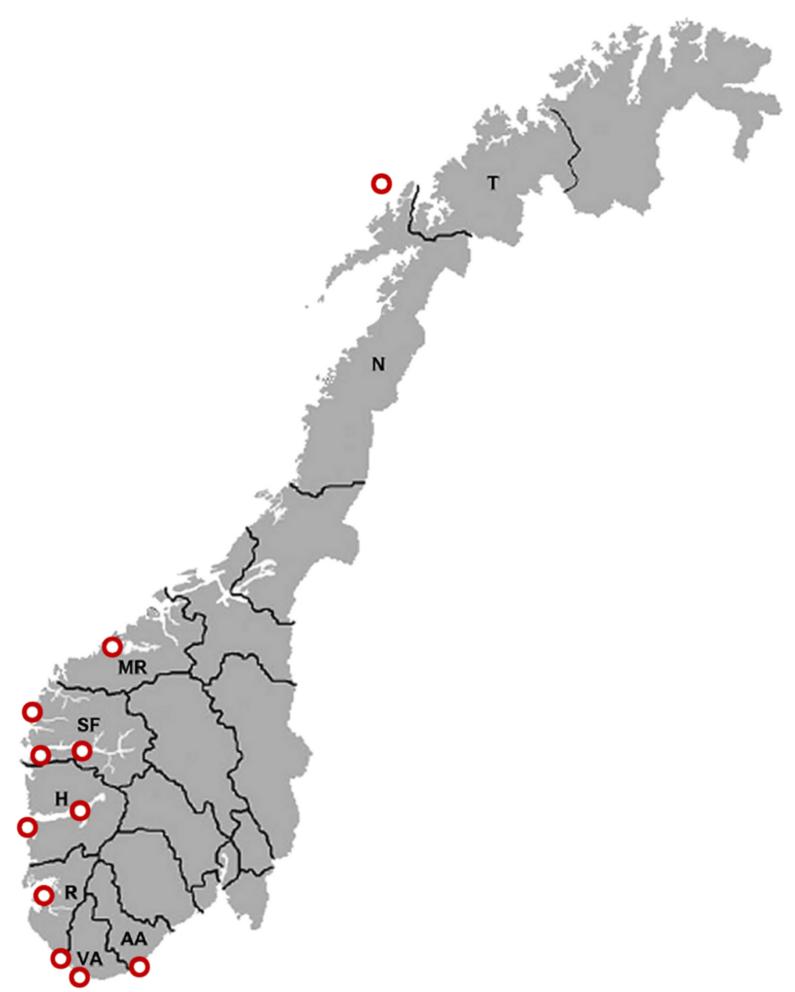Figur 1 Lokalitetar for innsamling av villtorsk. Totalt 467 villtorsk frå Agder fylka i sør til Nordland og Vesterålen i nord har blitt undersøkt for Francisella bakteriar i perioden 2006-2008.