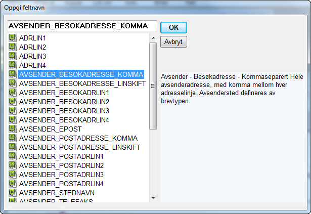 Riktekst-editor 03 - Felter Menyvalget for innsetting av felt viser kun de felt som gjelder gitt brevmal/avsnittnr.