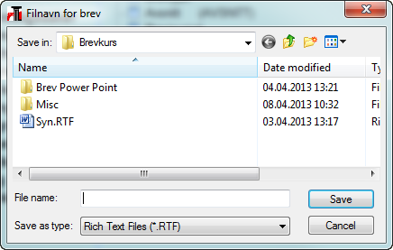 Riktekst-editor 06 - Lagring av brev og tekstavsnitt Lagring av brev Menyvalg Lagre brev for å lagre brevet til fil. Dette kan lagres på formatene rtf, doc, pdf, html eller ren tekst.