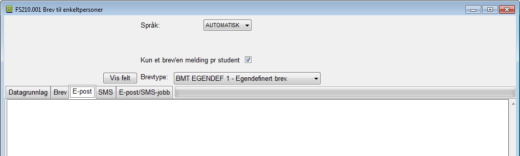 Fellesfelt brevdialog 01 Brevtype: Nedtrekksliste der en kan velge mellom alle brevtyper som er laget for gitt brevmal. Sist valgte brevtype vil bli valgt neste gang bildet åpnes.