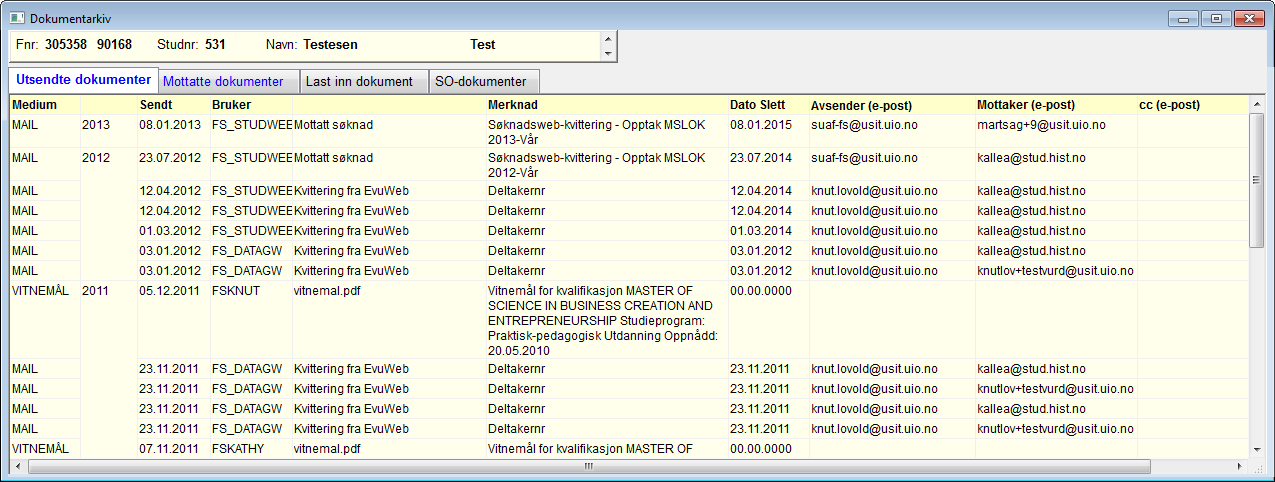 Dokumentarkiv (Person/Personbilde/Dokumentarkiv) Bilde i person-bilde-menyen som viser brev/dokumenter sendt til student/søker, og brev/dokumenter mottatt fra student/søker.