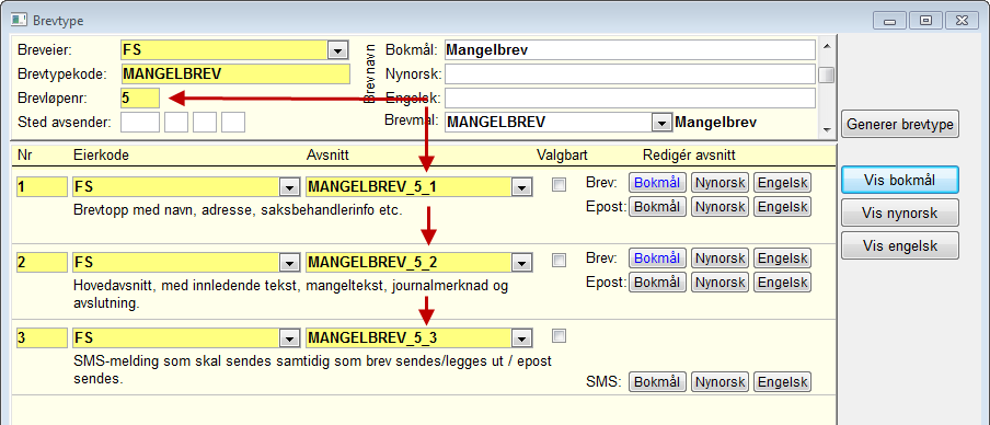 Brevtype 02 Det er lagt på funksjon for generering av brevtype og senere brevtypekode. I dialogen som kommer opp, kan en angi brevmalkode og breveier.