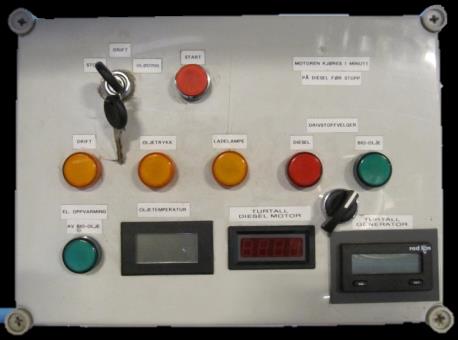 Figur 5: Kontrollpanel Kontrollpanel Med kontrollpanelet startes og stoppes motoren, og man kan velge om man skal kjøre den på diesel eller rapsolje. Når motoren er kald, må inntaksluften forvarmes.