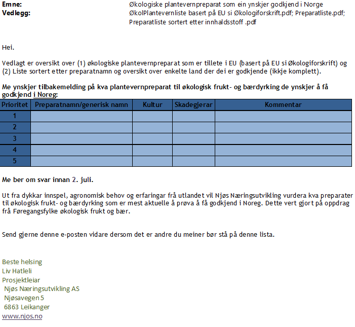 Plantevern Vedlegg 5: Spørjeundersøkingsskjema