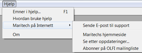 Hjelp-menyen Under hovedmeny Hjelp finnes det en del valg som kan være til hjelp i bruk av programmet, og når det oppstår feilsituasjoner.