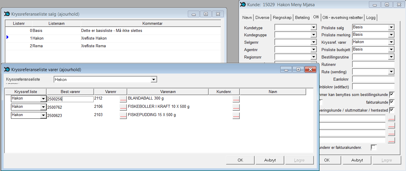 aktuelle for kjeden. Deretter kan du koble kjedens kunder mot kryssreferanselista og bruke kjedens varenummer ved innlegging av varelinjer på ordre/faktura.