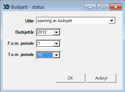Du har flere ulike varianter for visning av budsjettet under nedtrekkslista oppe til høyre i skjermbildet. Budsjettstatus Her kan du sperre budsjettet for en valgt periode, samt oppheve sperringa.