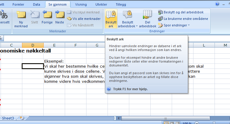 Beskyttelse Når vi nå har bestemt hva som skal være tillatt å registrere i input-cellene, kan vi utføre trinn 2 - nemlig beskyttelse