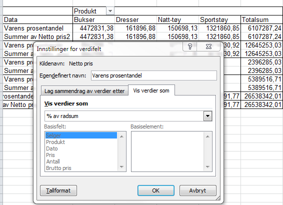 Vi får da følgende: For så å få våre data inn i pivottabellen, krysser vi i feltene foran kolonneoverskriftene, som vi finner igjen i området til høyre.