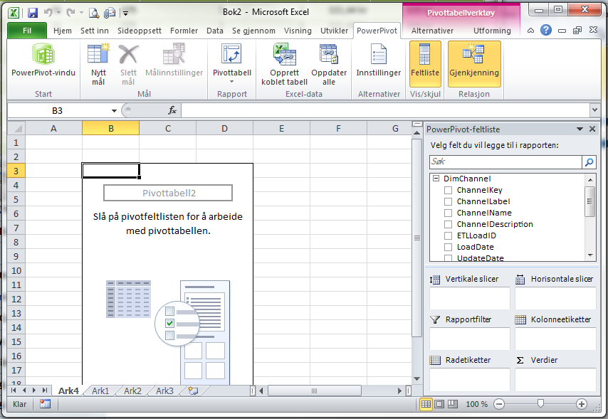 Pivottabellvinduet er nesten likt det vi har i konvensjonell pivottabell, men vi ser at slicers her har egne vinduer sammen med rad-, kolonneetiketter og data.