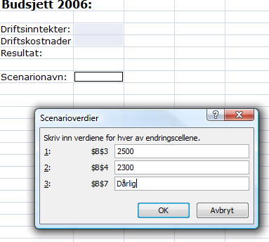 Scenarier (Eng: Scenarios) Øvingsfil: Budsjettscenario.