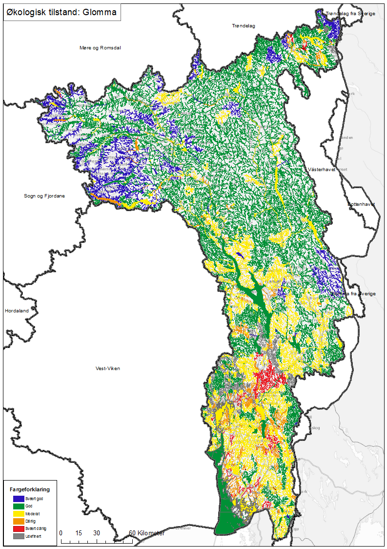 Figur 4-4 Vannforekomstenes økologiske tilstand, kategorisert fra Svært god til Svært dårlig, i Vannregion Glomma.