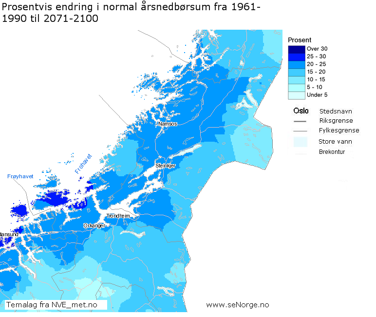 (Klimatilpasning.no 2011). Figur 2: Prosentvis nedbørsøkning frem mot 2050 (Kilde klimatilpasning.