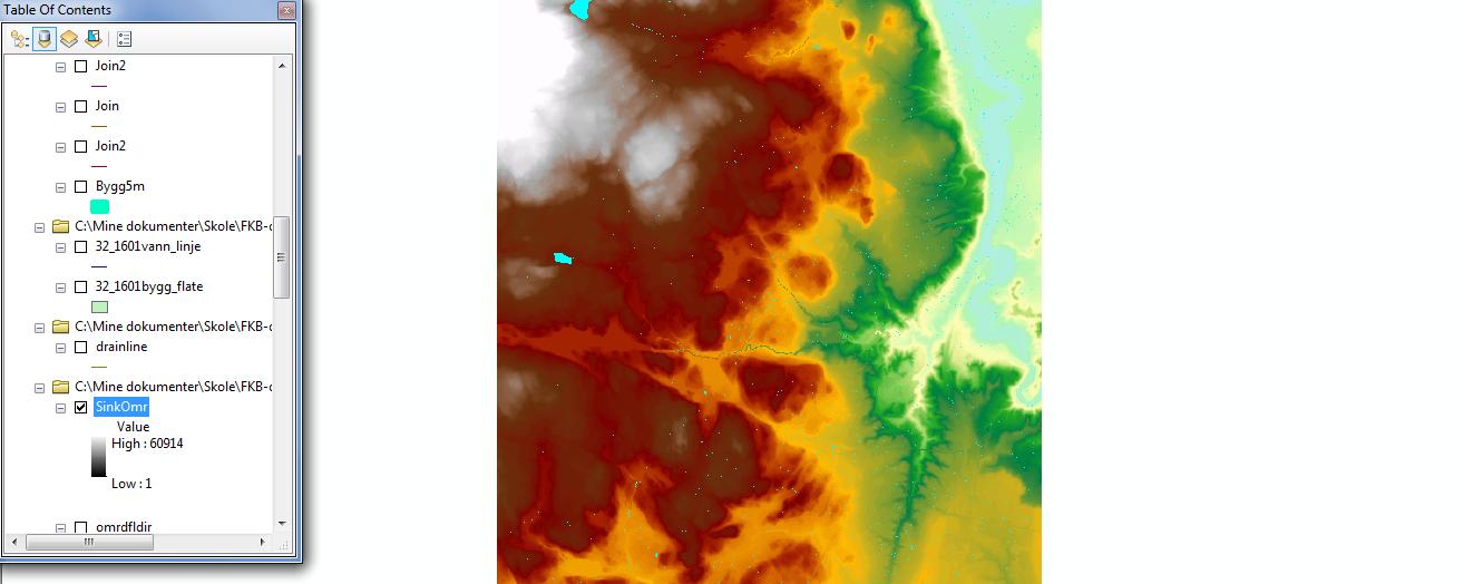 Figur 15 A og B: Resultat fra ArcGIS etter bruk av vertøyet Sink. A: fylte celler, B: studieområdet.