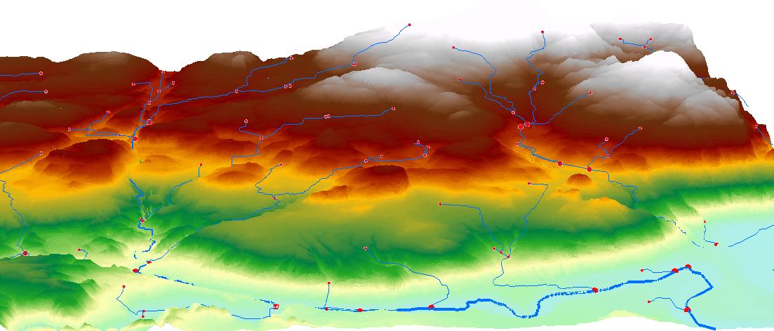 Figur 30: Hydrologiske forbindelsespunkter (røde punktsymboler) og dreneringslinjer (blå linjer). 4.