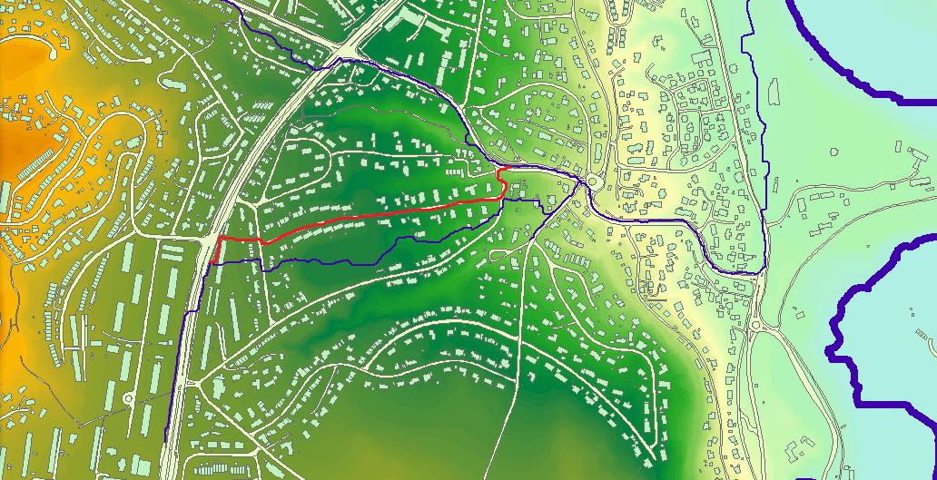 Figur 39: Mulig flomvei ned Sølhøgda etter undersøkelse i felt. Skjermbilde fra ArcGIS. 4.