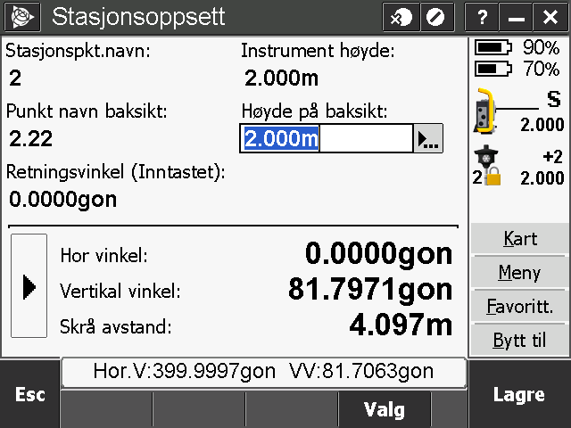 3. Legg inn informasjon om tilbakesiktspunkt a. Hvis dette er et kjentpunkt, velger man metode: "Vinkel og avstand", men er det et ukjent punkt må man velge "Kun vinkler". b.