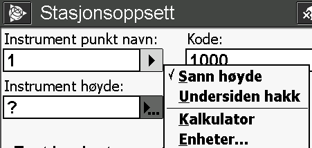 3. Legg inn aktuell info om punktet hvor totalstasjonen er etablert a. Legg inn "Instrument punkt navn:" i. Hvis punktet ikke er innlagt fra før, må koordinater og høyde legges inn.