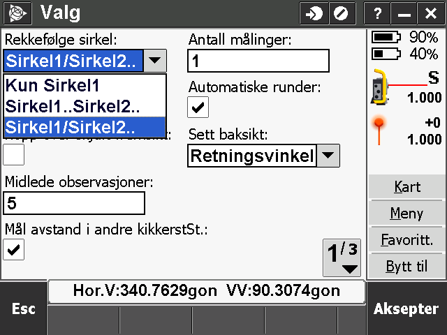 2. Nå skal det legges inn data om valg i forhold til kikkertstillinger og antall målinger mm. Trykk "Valg" a.