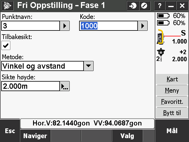 3. Legg inn aktuell info om punktet hvor totalstasjonen er oppstilt a. Legg inn "Instrument punkt navn:" i. Hvis punktet ikke er innlagt fra før, må koordinater og høyde legges inn.