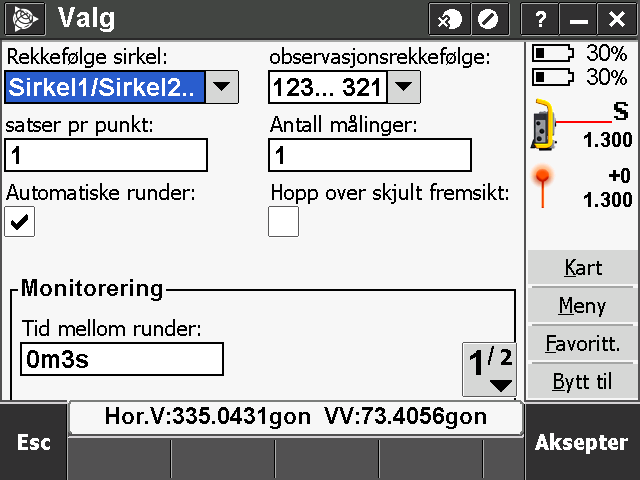 2-fase måling Denne målemetoden brukes når du vil måle i begge kikkertstillinger. Brukes også på polygondrag. 1. Trykk på "Mål" i hovedmenyen, deretter "2-fase måling", og så "Valg" a.