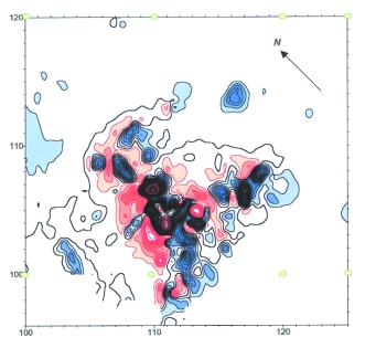 OVN? Figur 9. Kart som viser anomalier på røsteplass (id.nr. 1037181) sør for Elleverkoia. Størrelsesforholdet er angitt i meter på koordinatsystemet. Kart: Smekalovs. Figur 8.