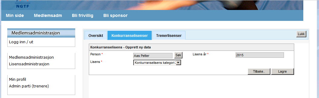 Klikk på linjen over personen som kommer opp, og nytt bilde kommer: Nytt årstall. Husk at det er to kategorier av konkurranselisenser. Systemet vil tildele riktig kategori basert på alder.