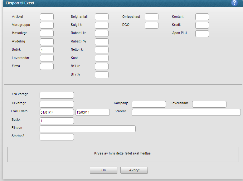 Page 9 of 13 Omsetningsrapport til Excel (OF55XL) Denne rapporten er laget for utlegg til Excel og det vil ikke bli presentert noe på skjerm.
