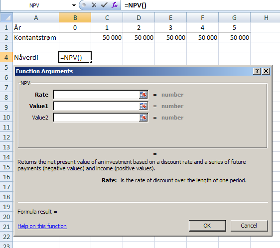 Rate er som tidligere rente, og du ser også at vi kan legge inn Value 1, Value 2 som er beløpene i år 1 og år 2.