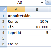 Norsk: =AMORT Engelsk: = PPMT Beregner avdragsdelen på annuitetslån Vi illustrerer med et eksempel og tenker oss et annuitetslån på 100 000, 10 % rente, og lånet skal tilbakebetales med årlige