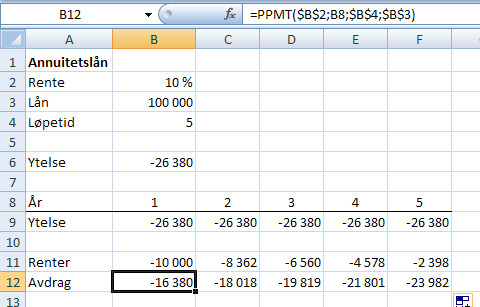 Avdraget kunne vi enkelt finne som differansen mellom ytelsen og rentene, selvsagt. Funksjoner i kapittel 5 I kapittel 5 brukes Excel fra side 140 147.