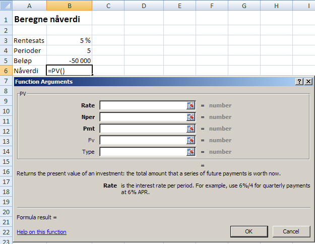 Beregne nåverdi Rentesats 5 % Perioder 5 Beløp -50000 Nåverdi Her har vi altså ikke plassert beløpene langs en tidsakse, vi har bare sagt at det er 50 000 årlig i 5 år.
